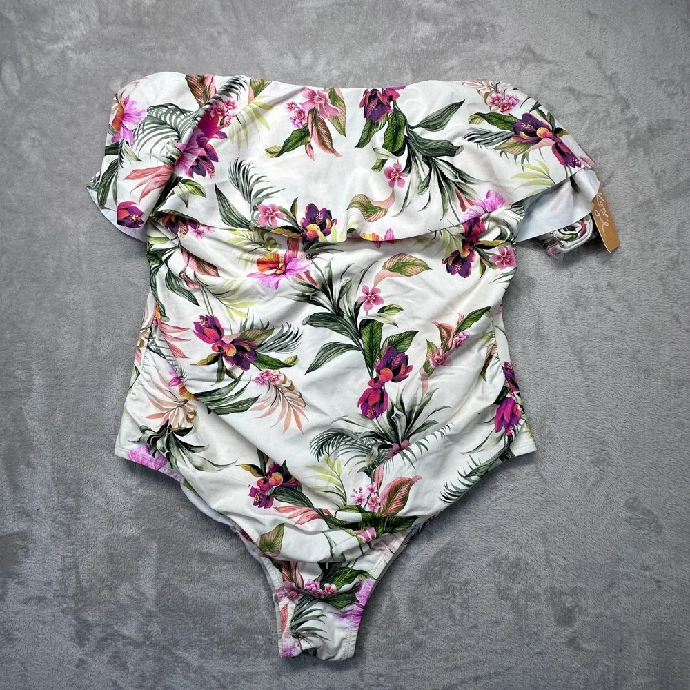 Kona Sol High Coverage One Piece Swimsuit Womens 17 White Floral Strap